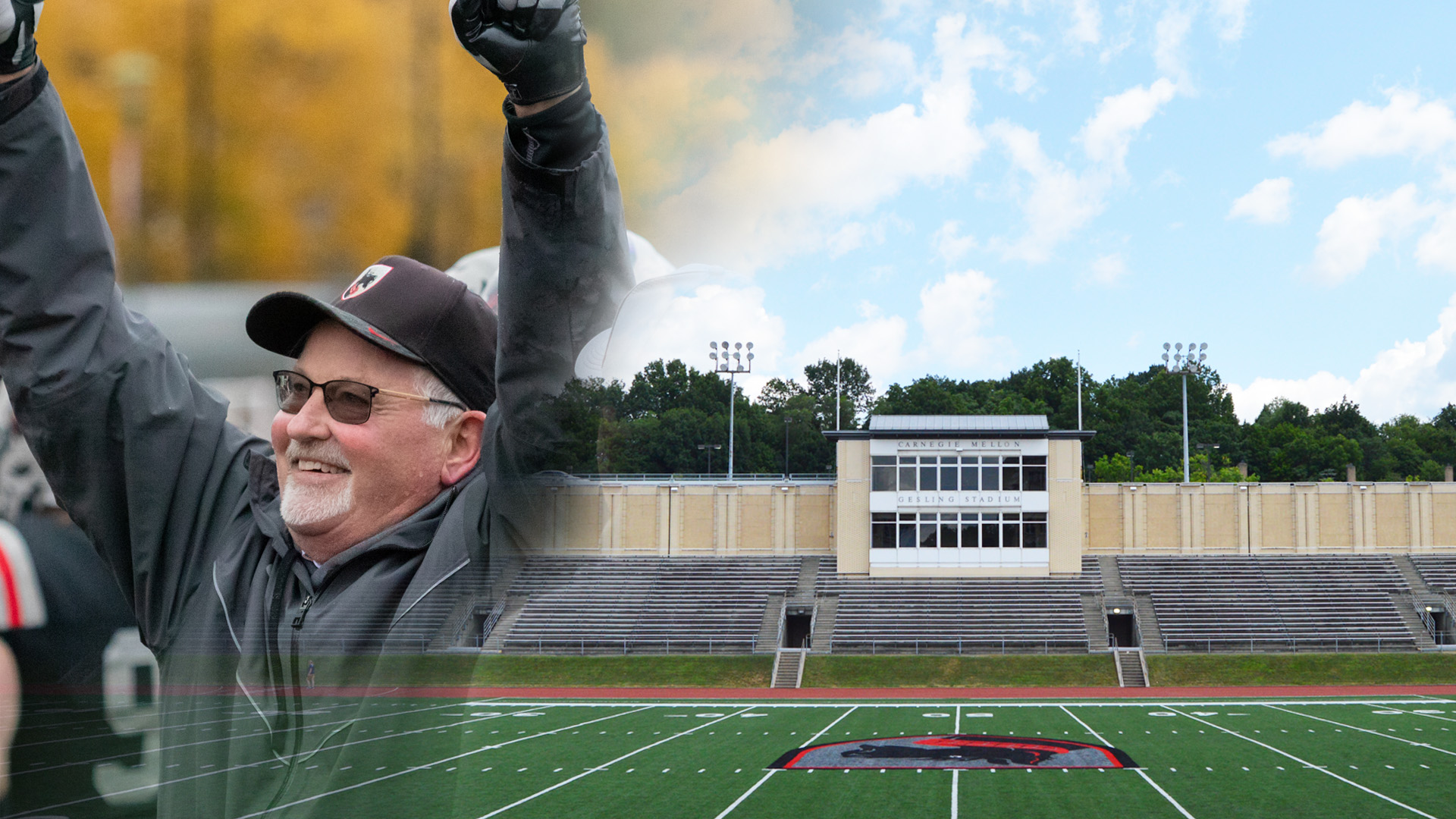 man wearing gray coat, hat, and sunglasses raising arms in air and smiling next to a image of a football field