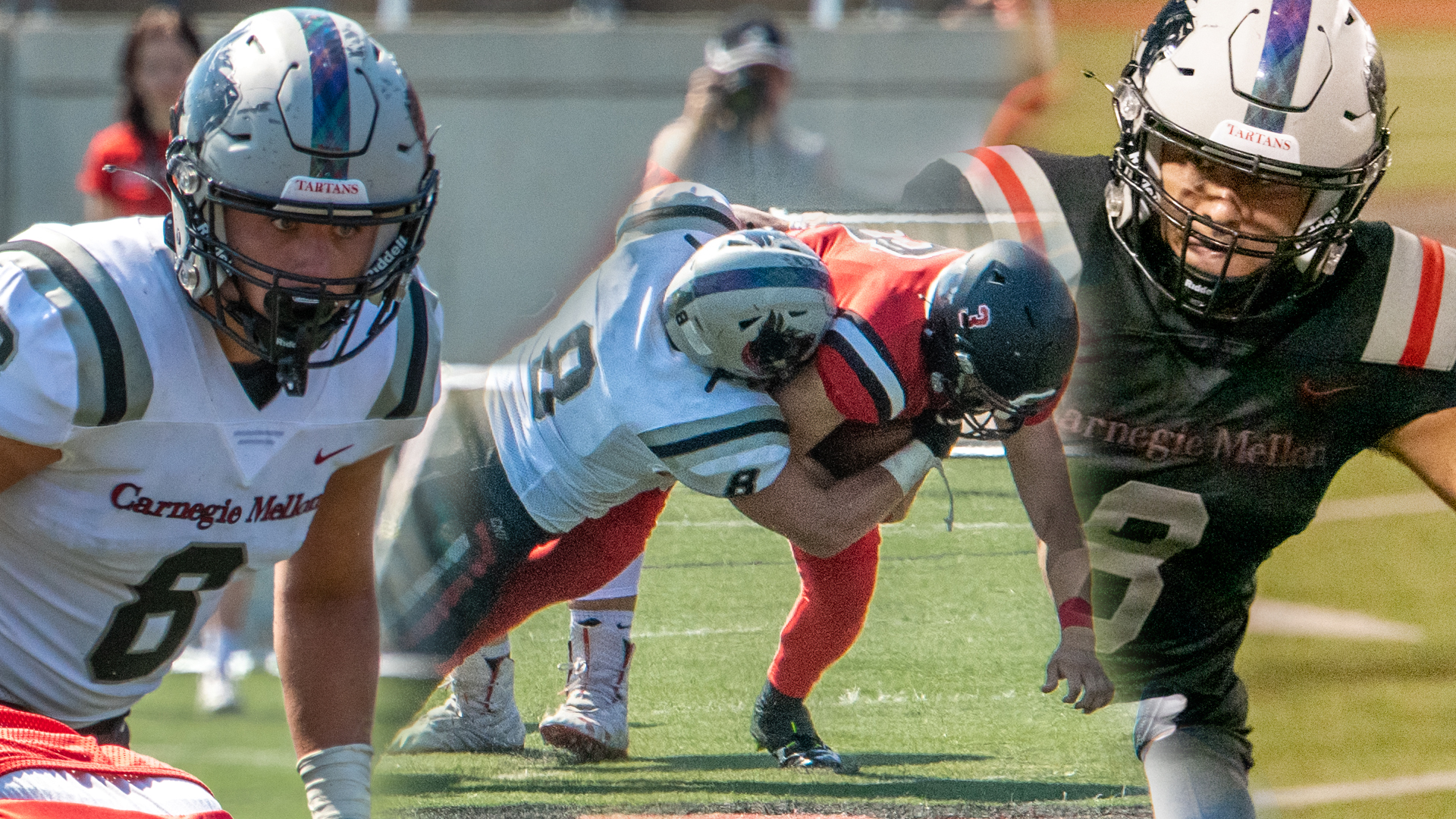 three-photo collage of a football player standing over an opponent, tackling an opponent, and chasing down an opponent