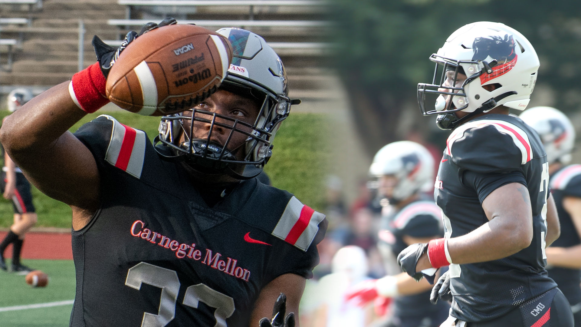 football player holding a ball near his face with a second image of the same player running on the field