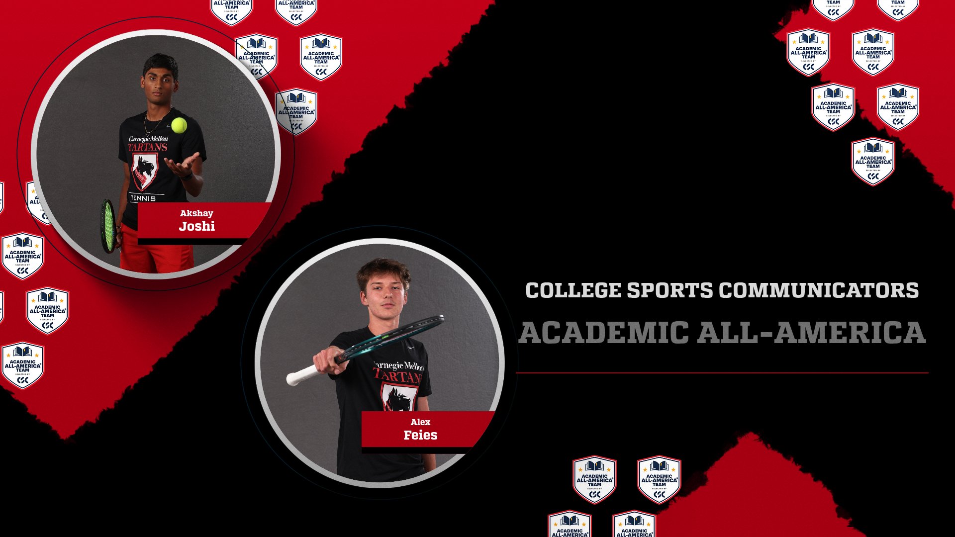 two men's tennis players holding rackets with text reading College Sports Communicators Academic All-America