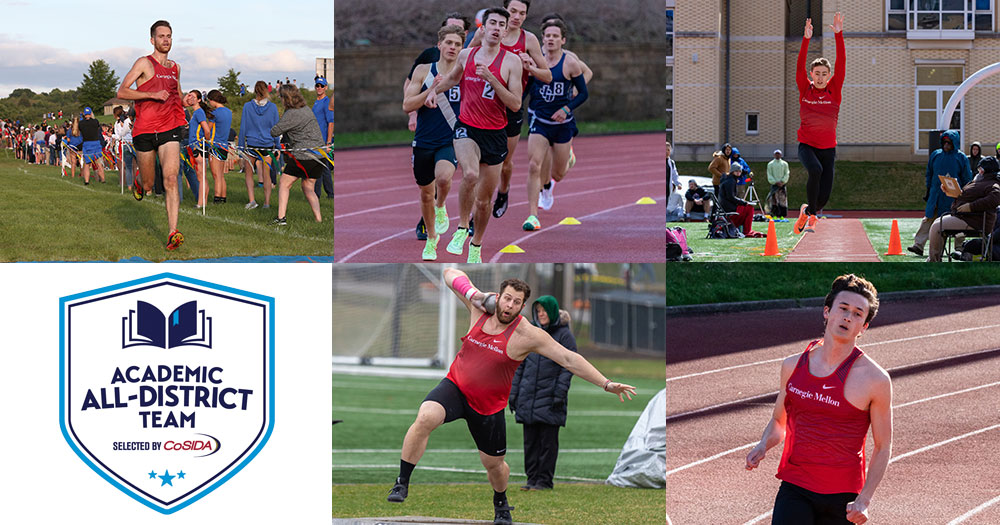 five action photos of men's track and field athletes running, jumping, and throwing a shot put, with CoSIDA Academic All-District Team logo