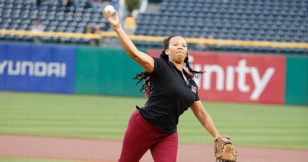 Head Softball Coach Monica Harrison Tosses First Pitch at PNC Park