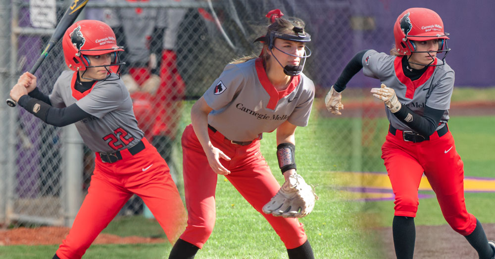 three images of a women's softball player hitting, fielding, and running the bases