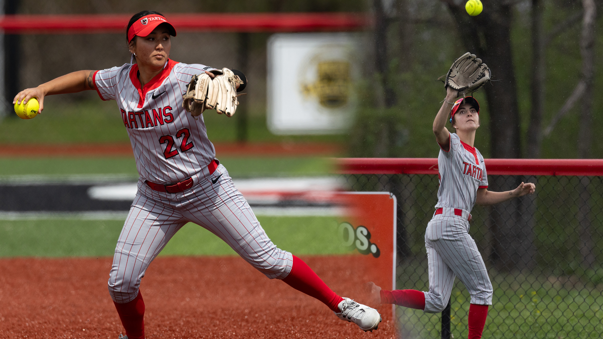 two action photos of softball players catching and throwing a ball