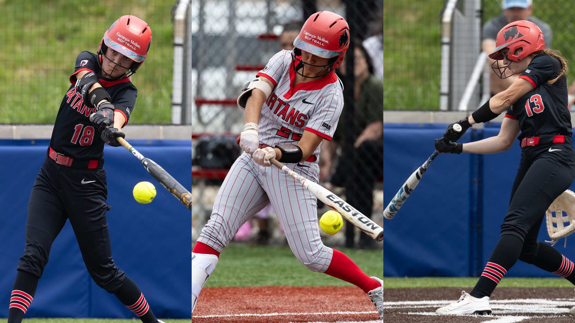 Three softball players swinging at a pitch