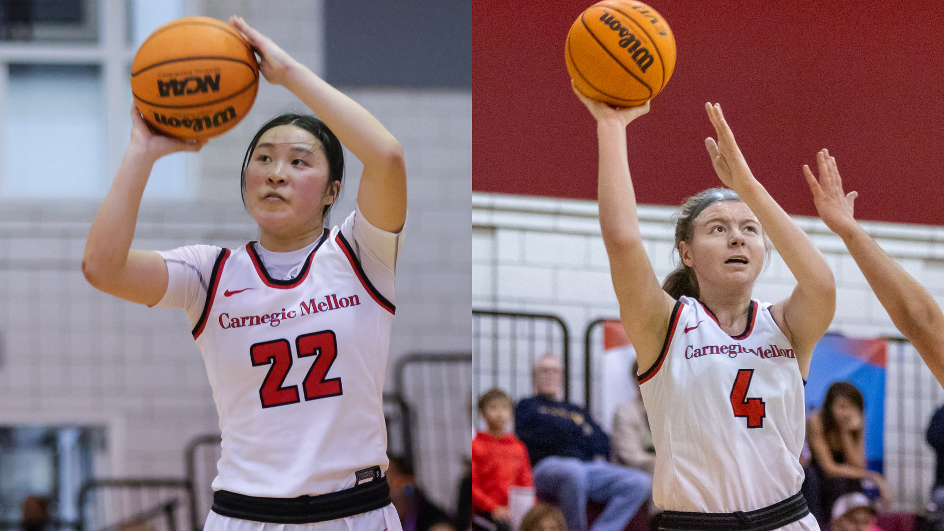 split image of two women's basketball players wearing white uniforms taking a shot