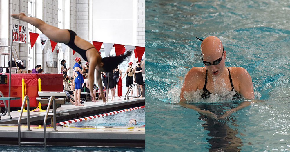 Woman diving and woman swimming breaststroke