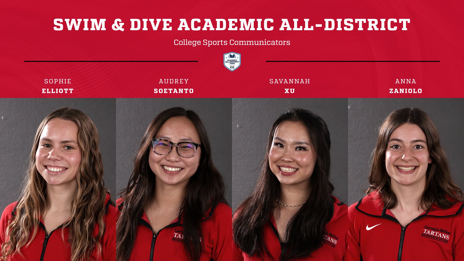 Text at top reads Swim & Dive Academic All-District with four portrait images of women in red jackets