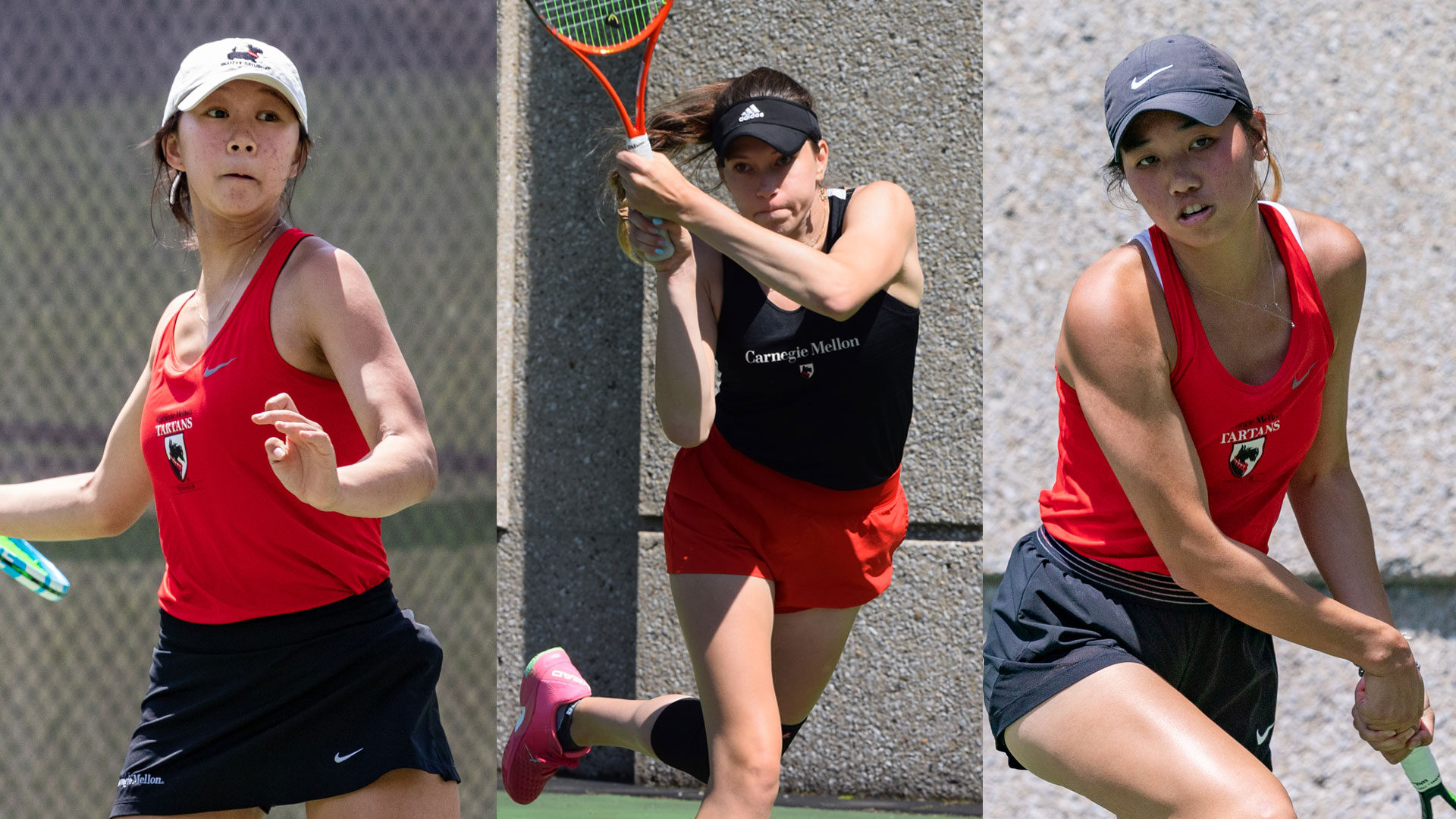 Three women's tennis players swinging the racquet in a match