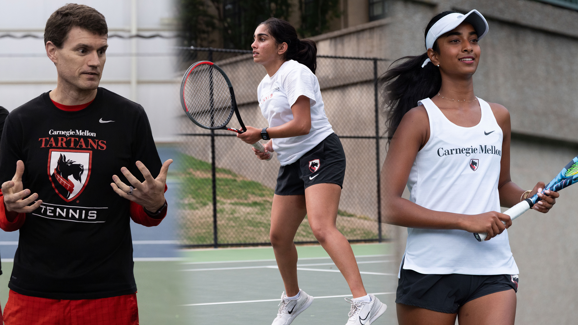 split image of male tennis coach talking with action images of two women's tennis players