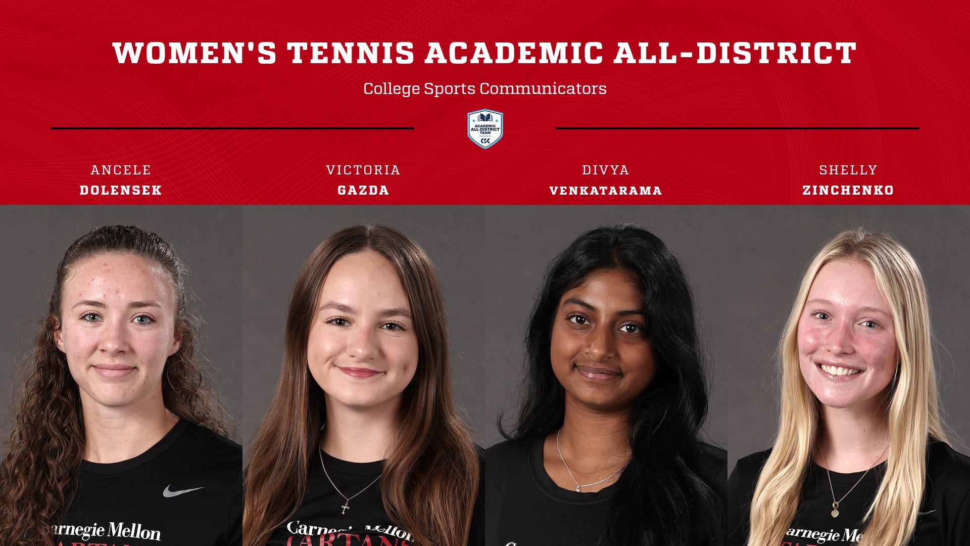 Text Reads Women's Tennis Academic All-District College Sports Communicators
Four portrait style images of women