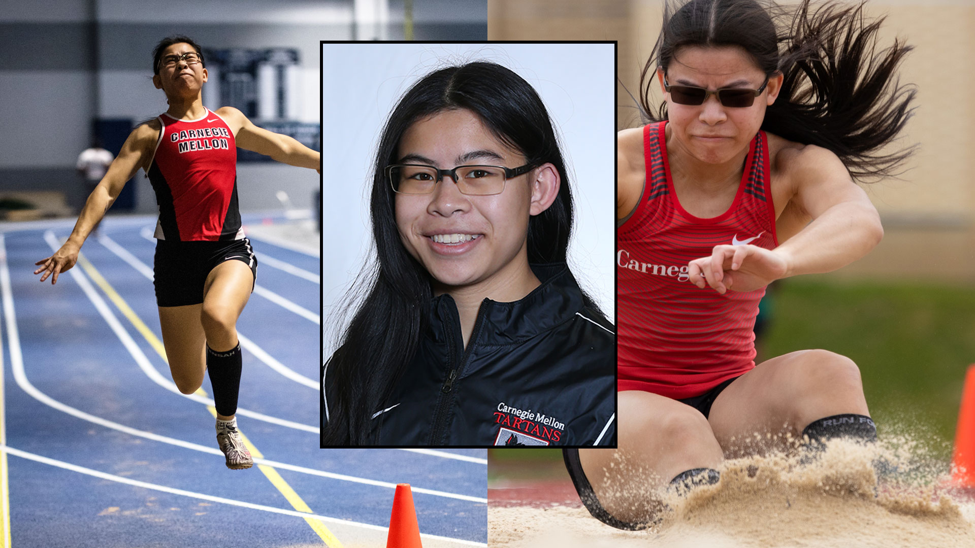 two photos of a women's track and field athlete jumping into sand with a portrait image of her framed in the middle